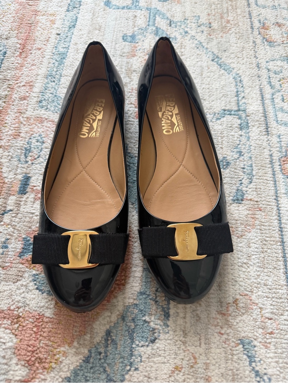 Salvatore Ferragamo Black Varina Patent Leather Bow Ballerina Flats